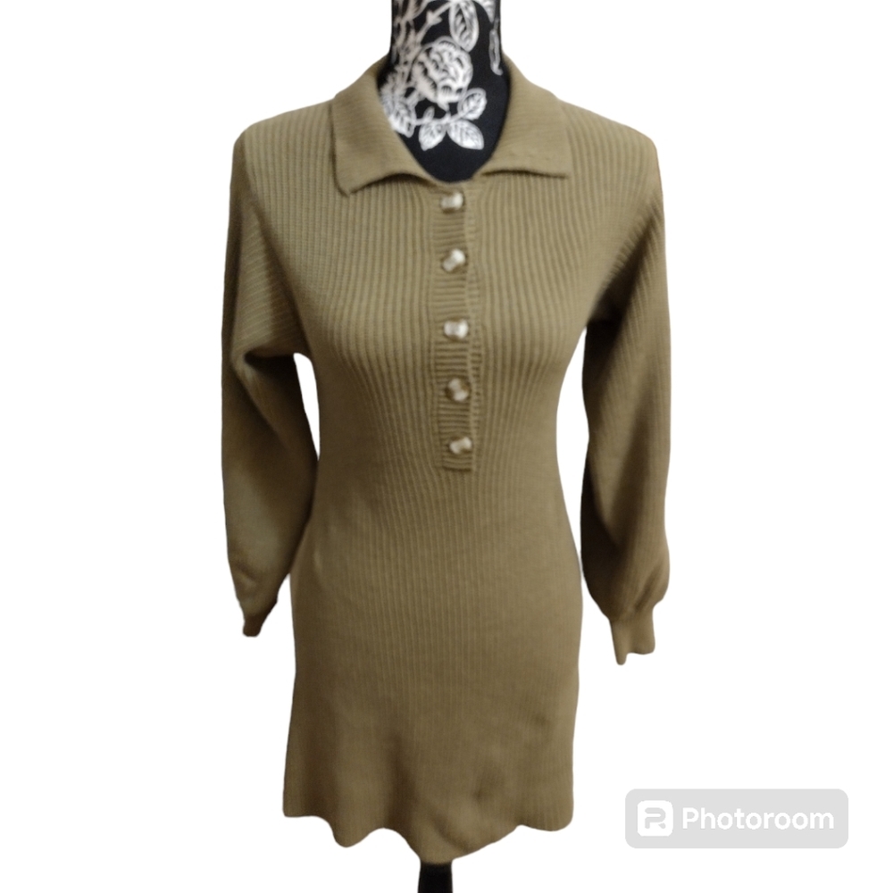 Blue Blush Cottagecore Sage Green Ribbed Polo Sweater Mini Dress
